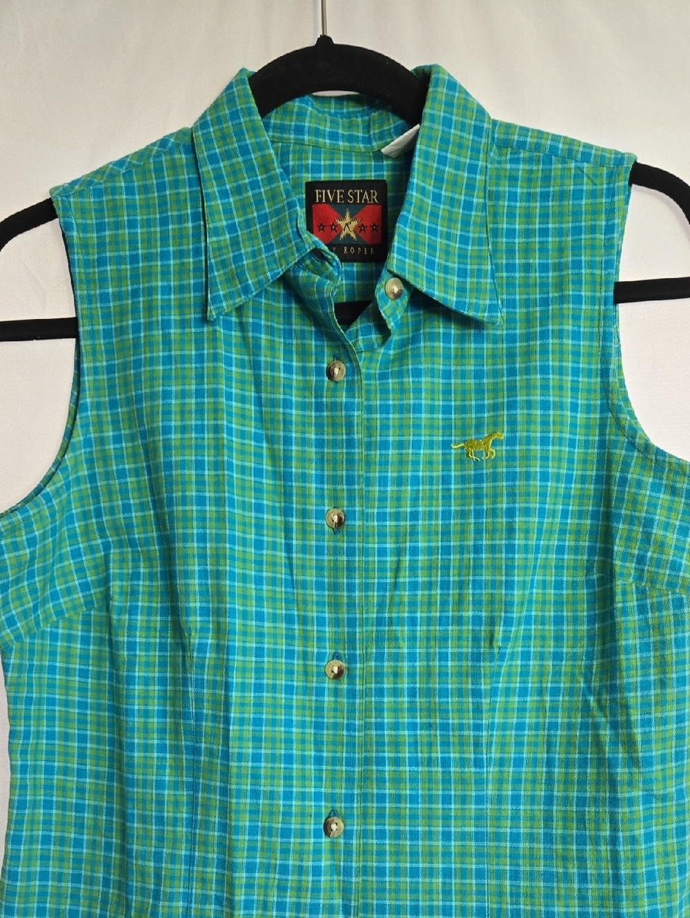 Five Star Teal and Aqua Plaid Sleeveless Button-Front Shirt
